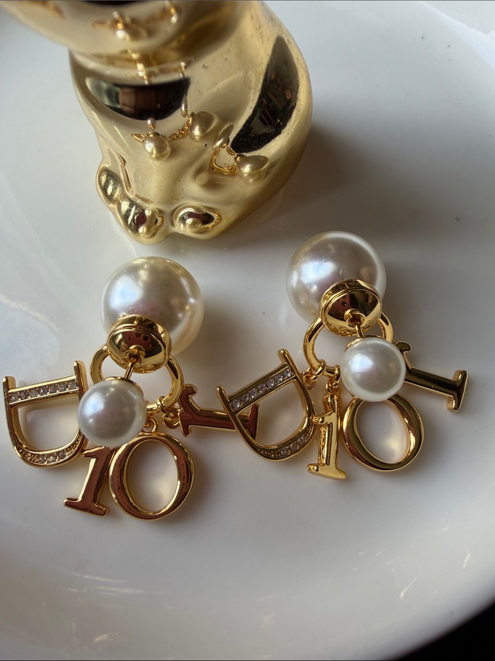 Gold Pearl Drop Earrings with Letter Charms